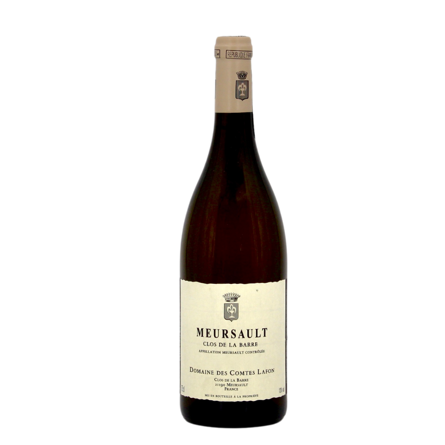 Bouteille de Meursault Clos de la Barre du Domaine des Comtes Lafon, avec son étiquette sobre et élégante, typique des grands vins blancs de Bourgogne.