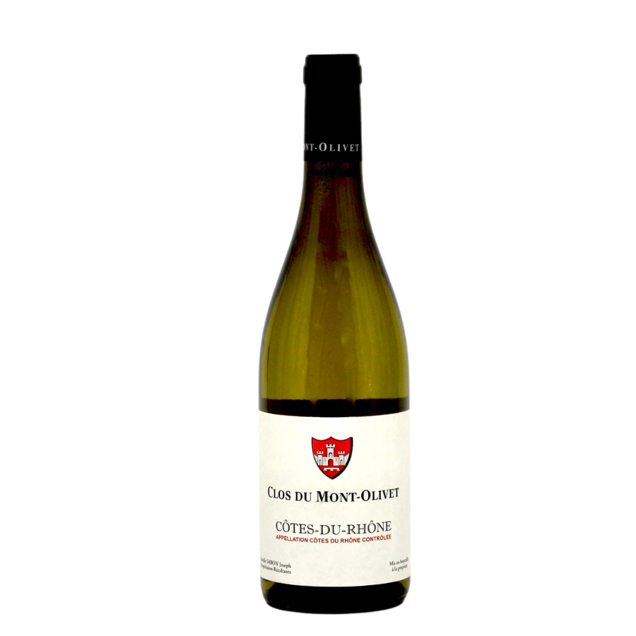 Bouteille de Côtes-du-Rhône du Clos du Mont-Olivet, un vin blanc élégant et expressif de la vallée du Rhône.