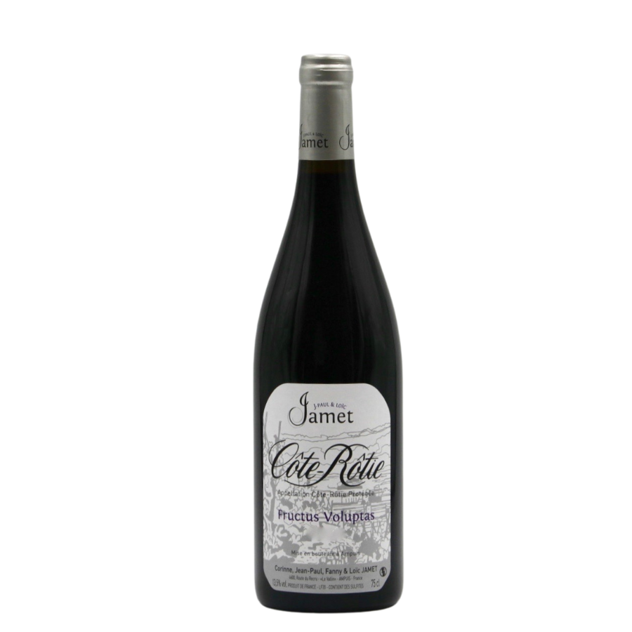 Bouteille de Fructus Voluptas 2019 du Domaine Jamet, 100% Syrah, IGP Collines Rhodaniennes. Un rouge fruité, gourmand et élégant.
