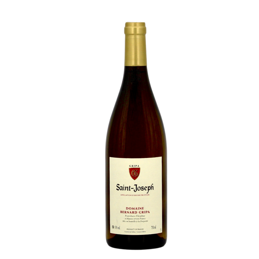 Domaine Bernard Gripa Saint-Joseph 2023 – un assemblage de Marsanne et Roussanne, offrant un vin blanc riche et structuré avec des arômes de miel et d’amande grillée.