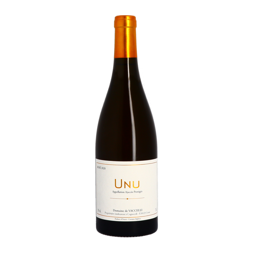 Bouteille d'unu du Domaine Vaccelli, un vin corse au profil frais et fruité, idéal pour les apéritifs ensoleillés.