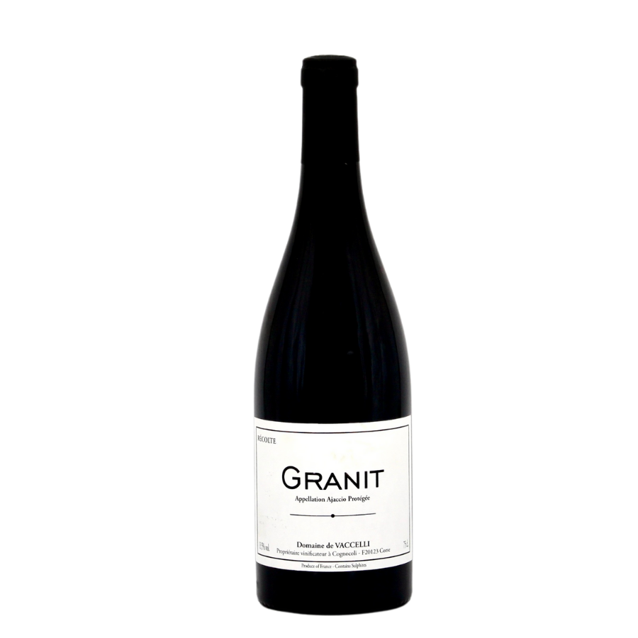 Bouteille de vin rouge "Granit" du Domaine de Vaccelli, AOC Ajaccio, avec une étiquette minimaliste sur fond blanc, illustrant l’élégance et le terroir corse