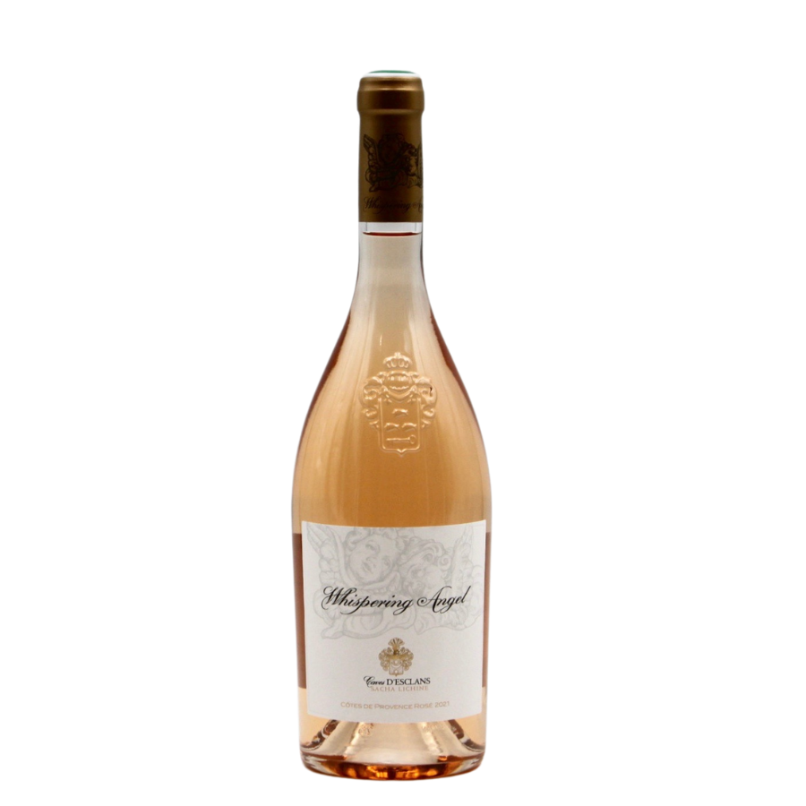 Bouteille de whispering angel 2023, un rosé provençal emblématique, alliant élégance et fraîcheur, idéal pour les moments de convivialité.