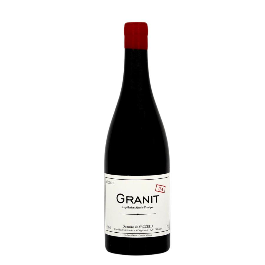 Bouteille de Granit 174 du domaine d'Alain Courrèges Domaine de Vaccelli Ajaccio – un vin corse solaire et épicé.