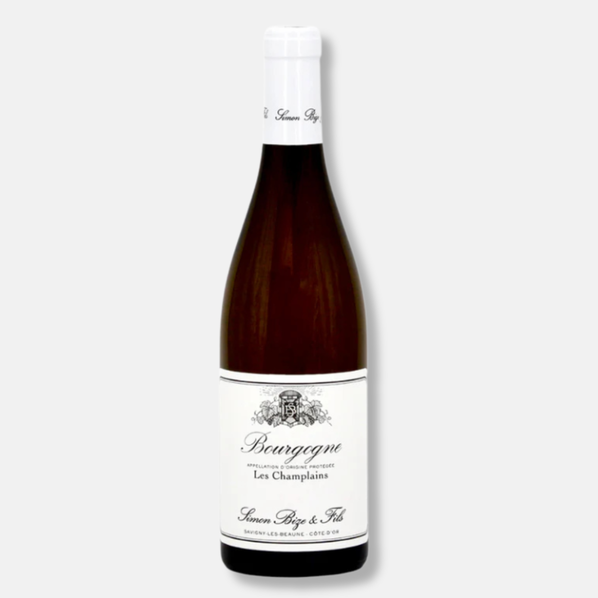 Bouteille de Bourgogne Les Champlains du Domaine Simon Bize, un vin blanc élégant de la Côte d'Or aux notes florales et minérales