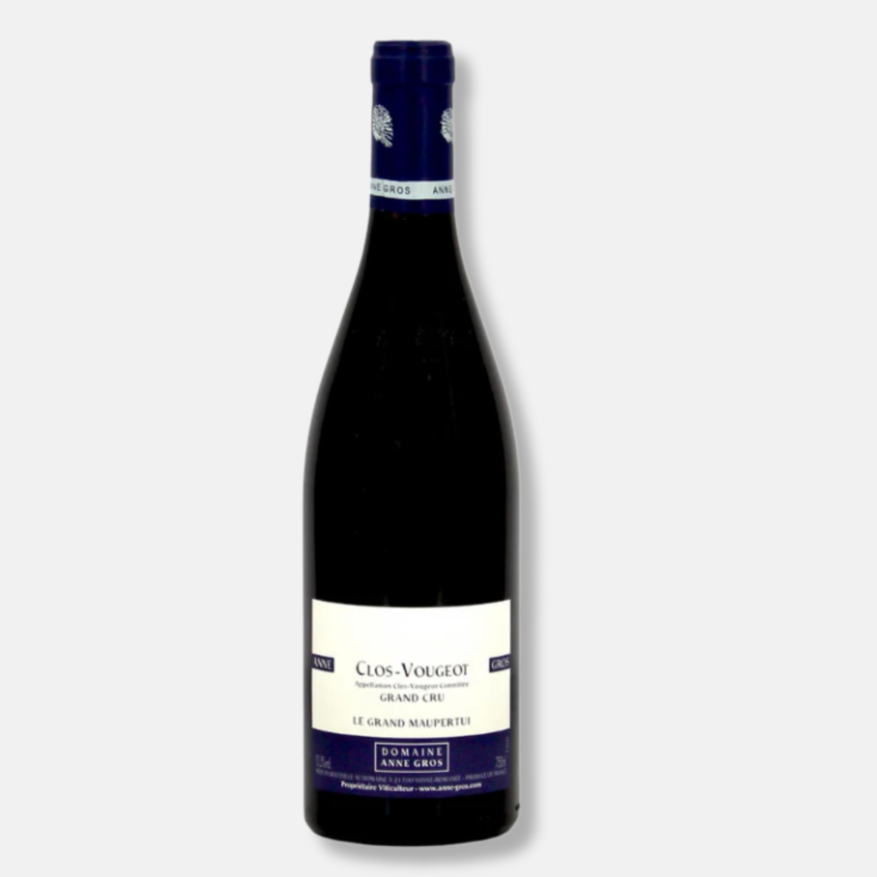 Bouteille de Clos Vougeot Grand Cru Le Grand Maupertui du Domaine Anne Gros, un Pinot Noir puissant et structuré aux arômes de fruits noirs et d’épices