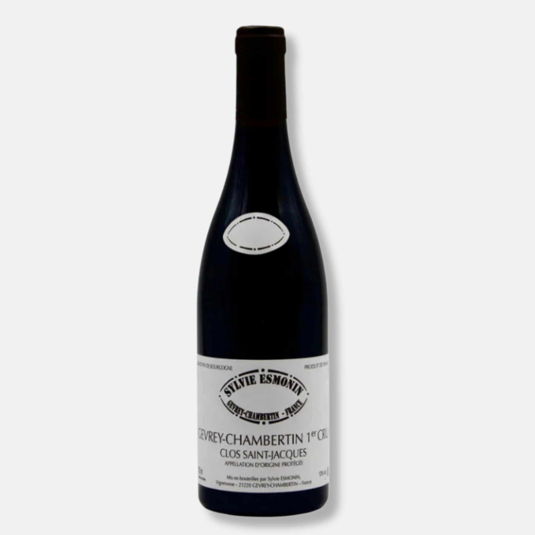 Bouteille de Gevrey-Chambertin 1er Cru Clos Saint-Jacques du Domaine Sylvie Esmonin. Un Pinot Noir racé et profond, aux arômes de fruits noirs, d'épices et de sous-bois, avec une belle structure et un grand potentiel de garde