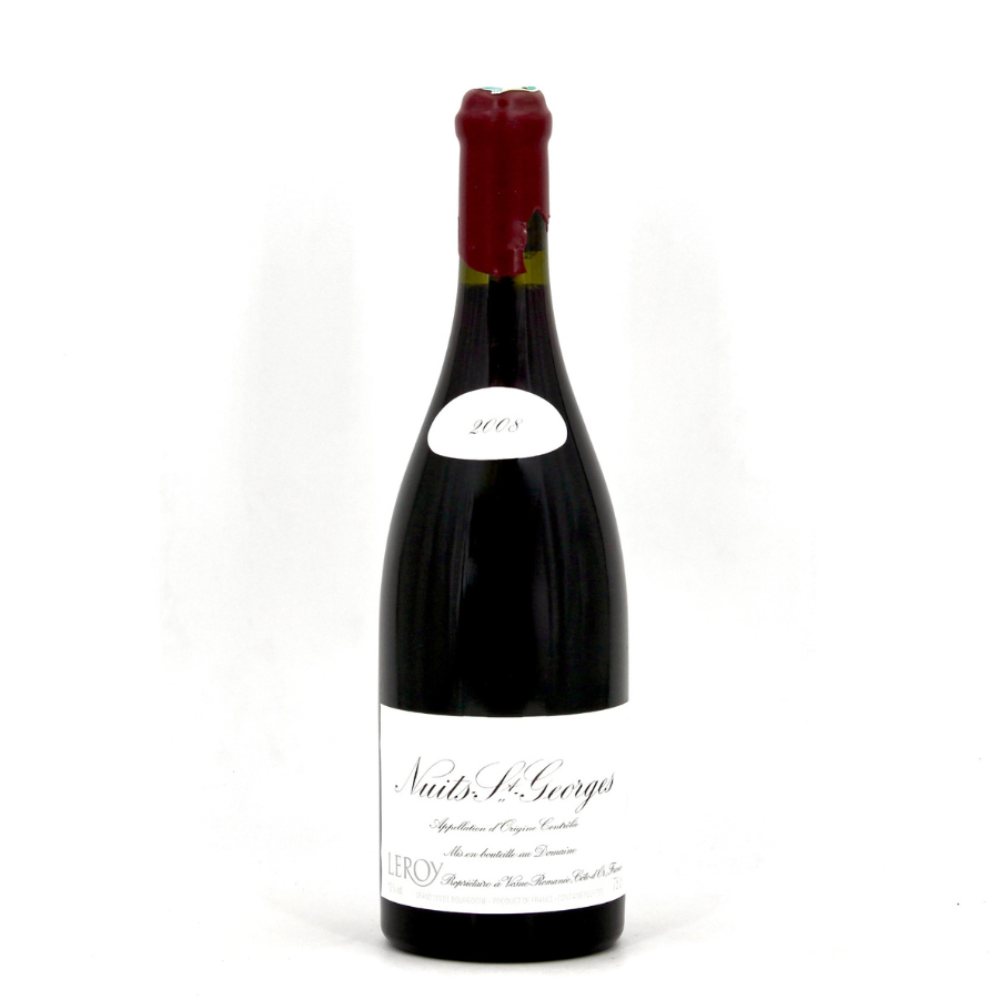 Bouteille de Nuits-Saint-Georges 2008 du Domaine Leroy, un Pinot Noir de Bourgogne structuré aux arômes de fruits noirs et d’épices