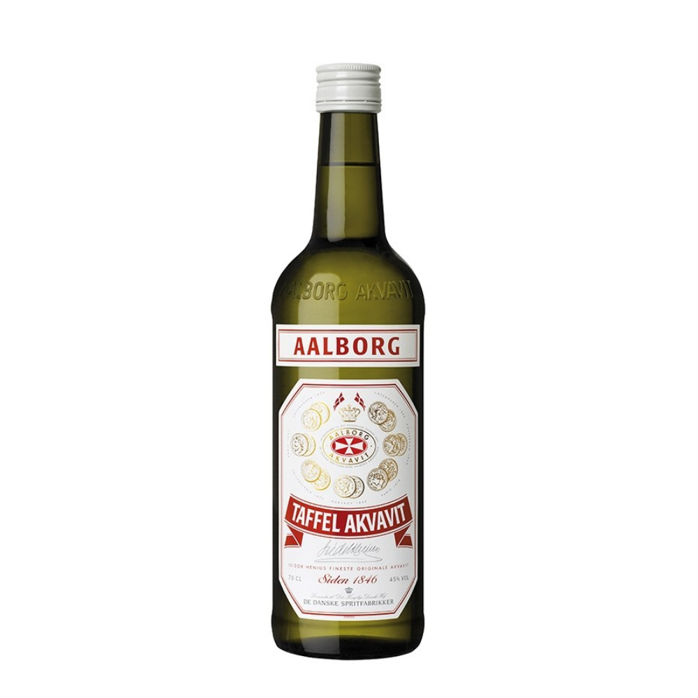 Taffel Akvavit Aalborg 0,70L – L’eau-de-vie emblématique du Danemark, aux notes d’aneth et de carvi, idéale pour accompagner les mets nordiques. Un spiritueux de caractère