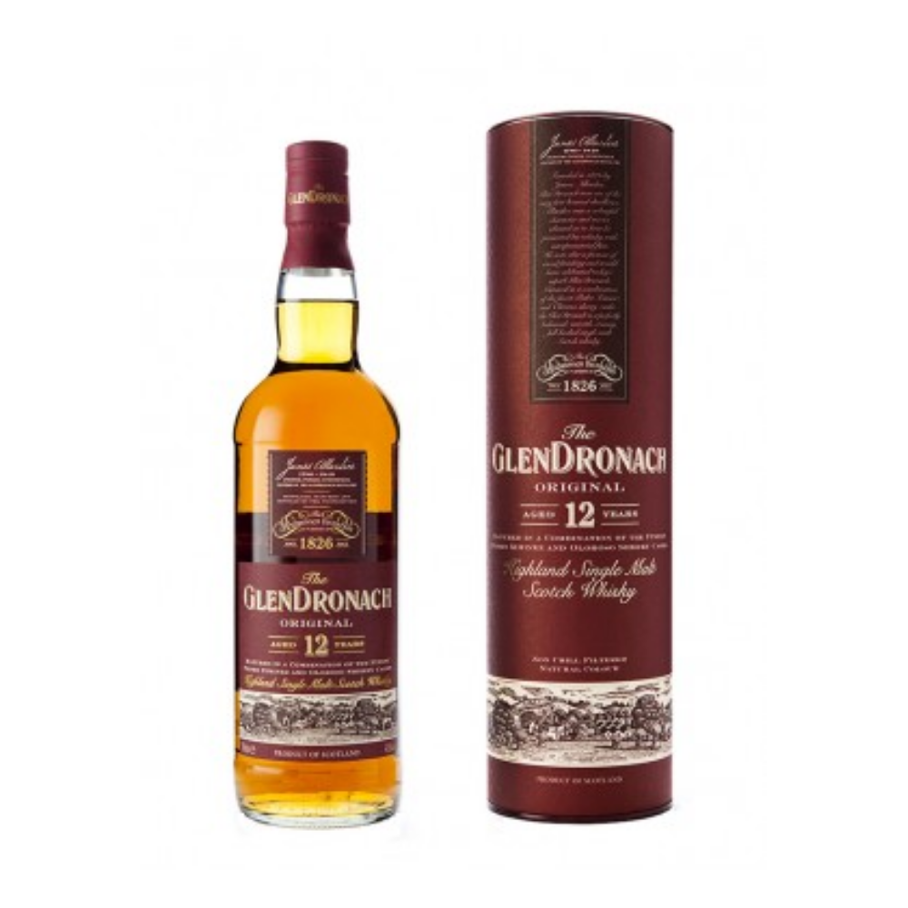 GlenDronach 12 ans Original – Un single malt intense et gourmand, marqué par des arômes de fruits secs, de caramel et d’épices. Vieilli en fûts de sherry, il ravira les amateurs de whiskies riches et profonds